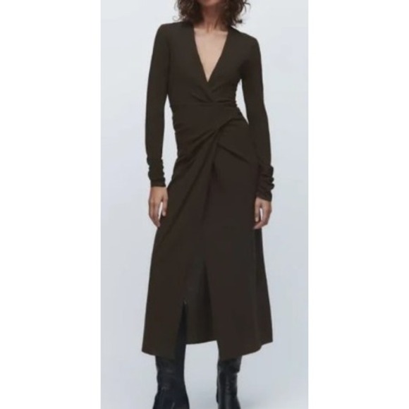ZARA Draped Wool Blend Midi Dress Brown Toffee Long Sleeve V Neck Faux Wrap - Picture 1 of 8